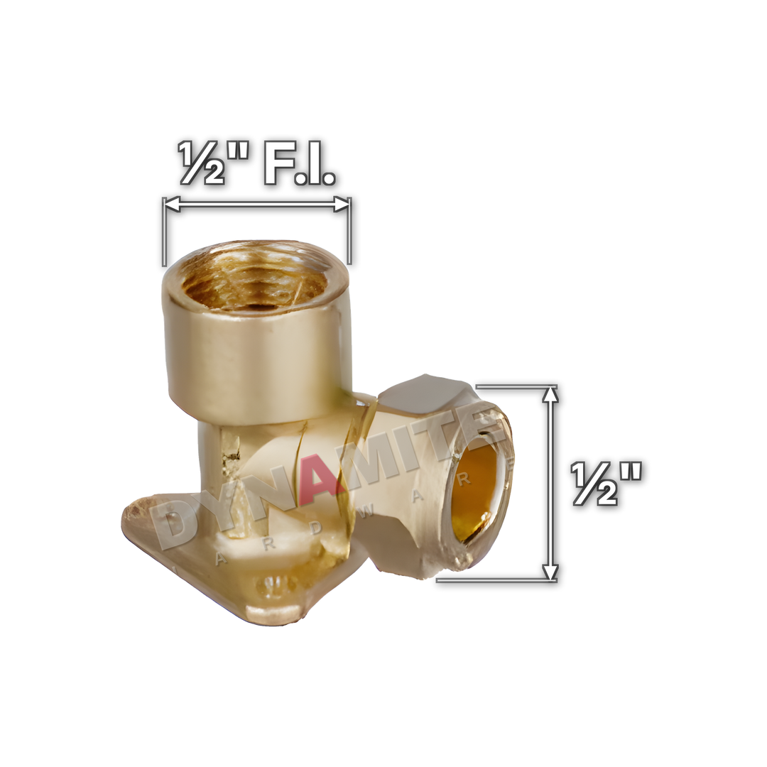 ½" brass compression wall plate elbow (Excel 317W12), white arrows mark each connection: ½" female iron (BSP), ½" compression