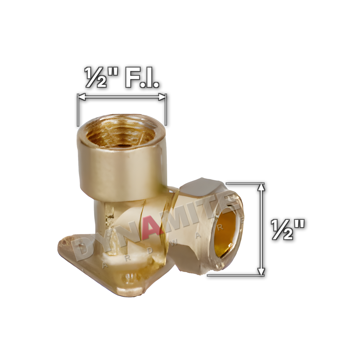 ½" brass compression wall plate elbow (Excel 317W12), white arrows mark each connection: ½" female iron (BSP), ½" compression