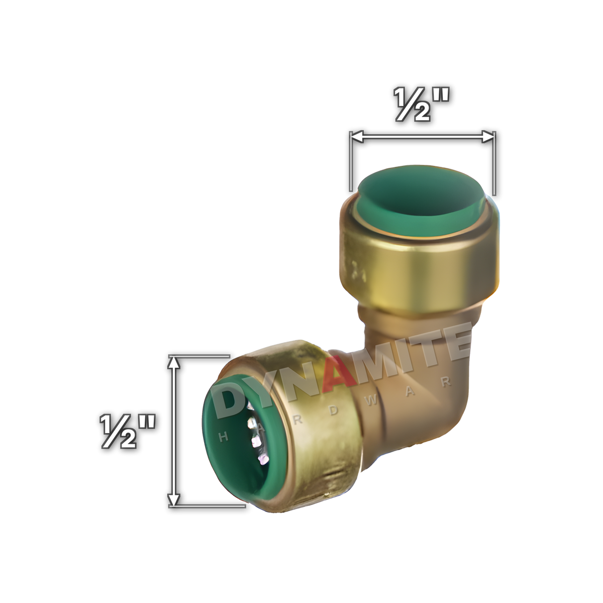½" Pushtite Push-Fit Elbow (code PT1512), size marked with white arrows: ½" pipe