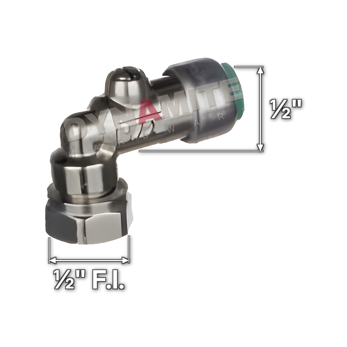 ½" Pushtite Push-Fit Elbow Service Valve (code PT12SVA), size marked with white arrows: ½" push-fit x ½" BSP female swivel nut, elbow pattern (washer supplied)