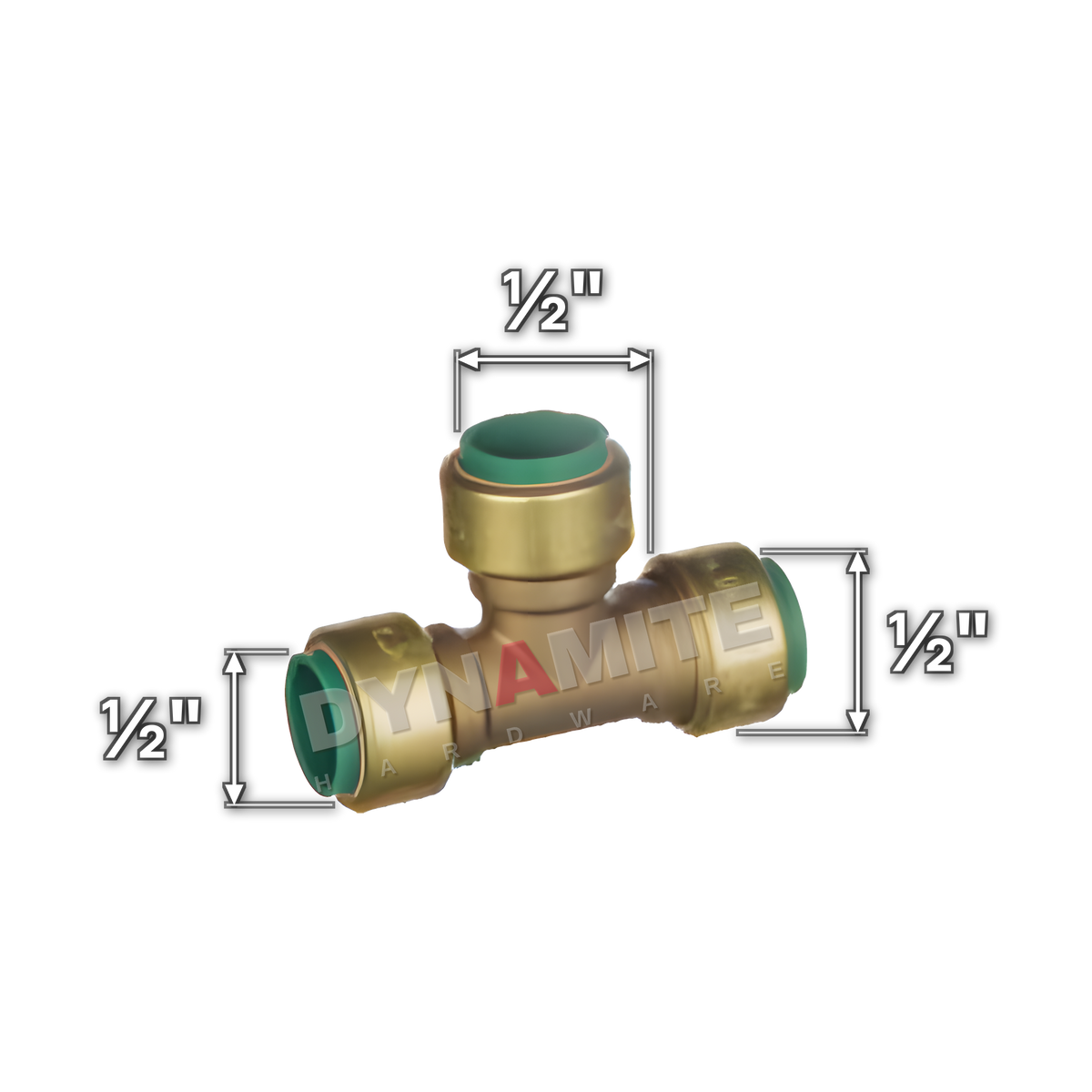 ½" Pushtite Push-Fit Equal Tee (code PT1812), size marked with white arrows: ½" pipe