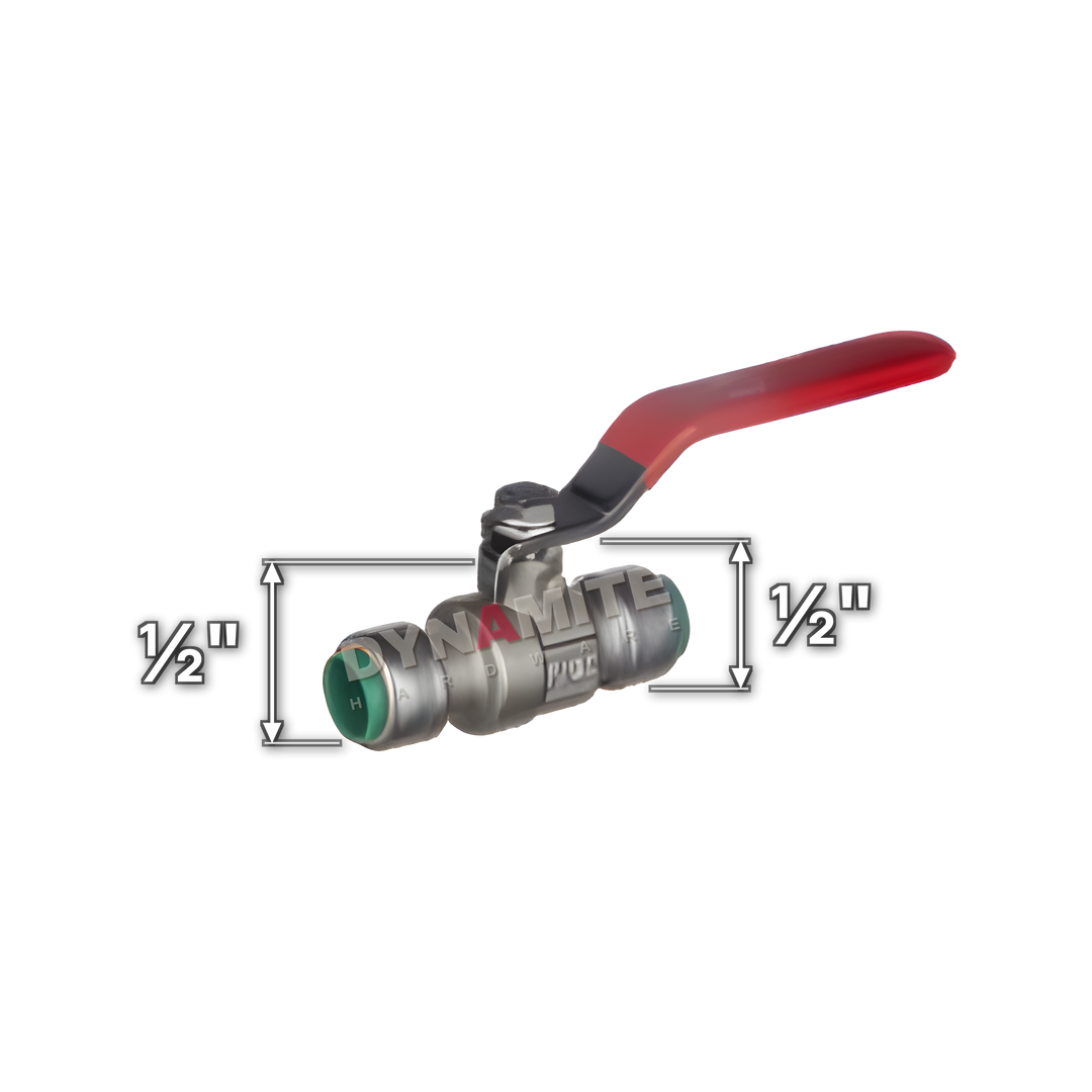 ½" Pushtite Push-Fit Lever Ball Valve (code PT12BV), size marked with white arrows: ½" push-fit x ½" push-fit