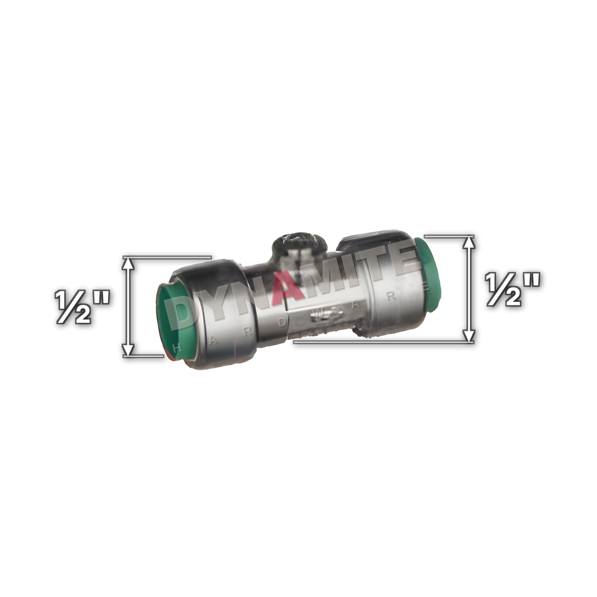 ½" Pushtite Push-Fit Miniature Isolation Valve (code PT12IVS), size marked with white arrows: ½" push-fit x ½" push-fit