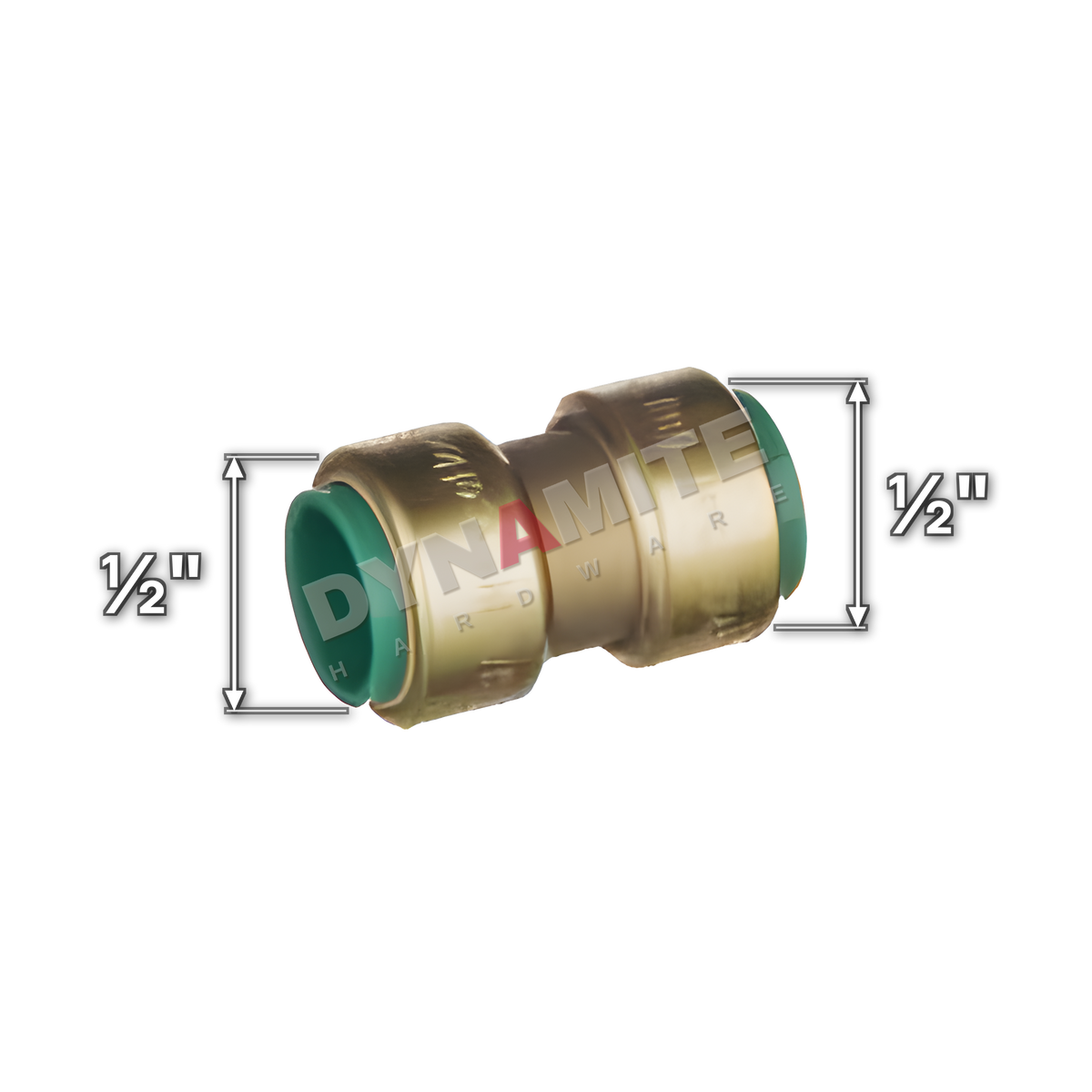½" Pushtite Push-Fit Straight Coupling (code PT1012), size marked with white arrows: ½" pipe