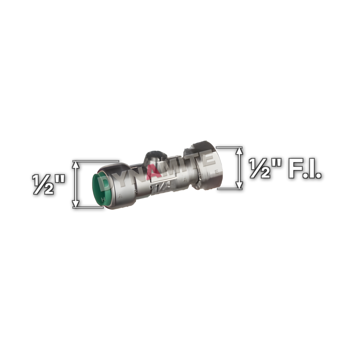 ½" Pushtite Push-Fit Straight Service Valve (code PT12SVS), size marked with white arrows: ½" push-fit x ½" BSP female swivel nut (washer supplied)