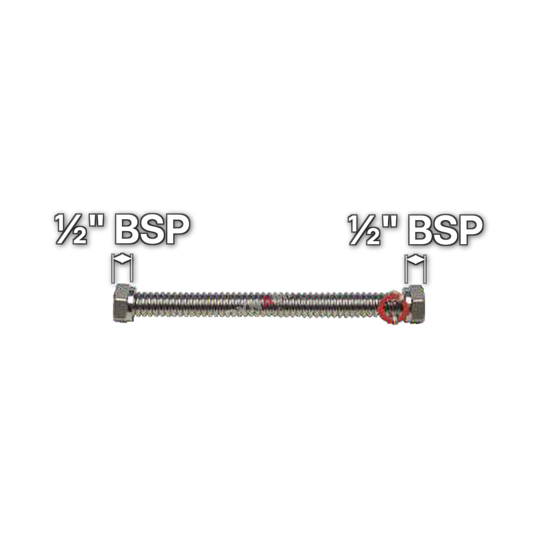 ½" BSP Corrugated Stainless Steel Flexible Connector, sizes marked with white arrows: ½" BSP and ½" BSP
