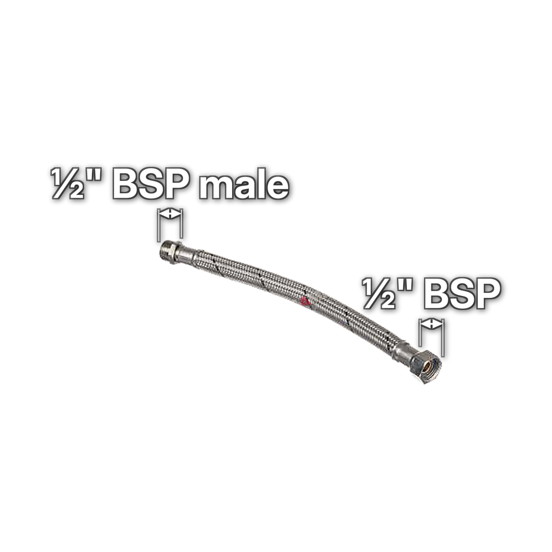 ½" Female x ½" Male BSP Flexible Hose, sizes marked with white arrows: ½" BSP male and ½" BSP