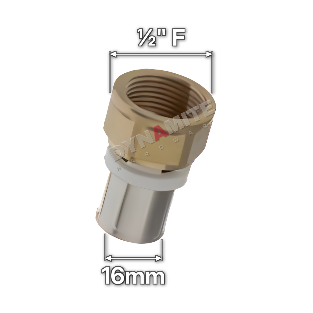 ½" Female x 16mm Multilayer Crimp Adaptor (code MF121216), size marked with white arrows: ½" female iron (BSP) thread x 16mm crimp