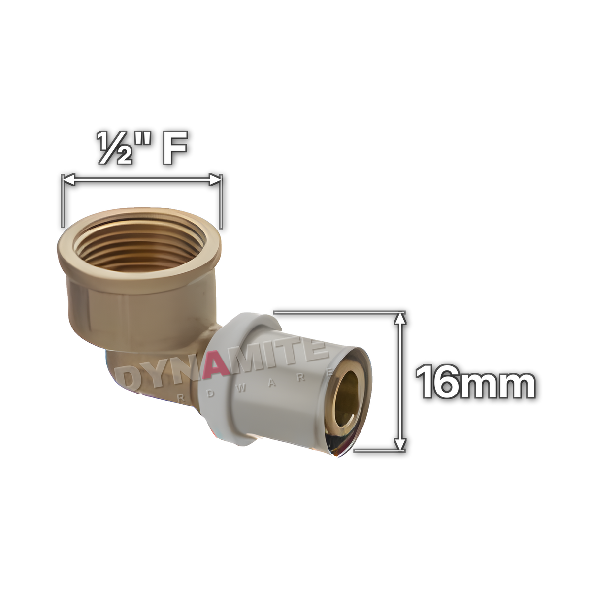 ½" Female x 16mm Multilayer Crimp Elbow (code MF171216), size marked with white arrows: ½" female iron (BSP) thread x 16mm crimp