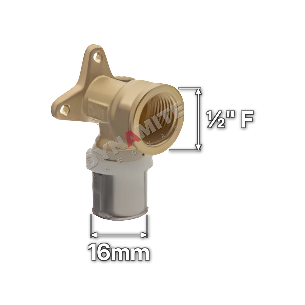 ½" Female x 16mm Multilayer Crimp Wall Plate Elbow (code MF17W1216), size marked with white arrows: ½" female iron (BSP) outlet x 16mm crimp