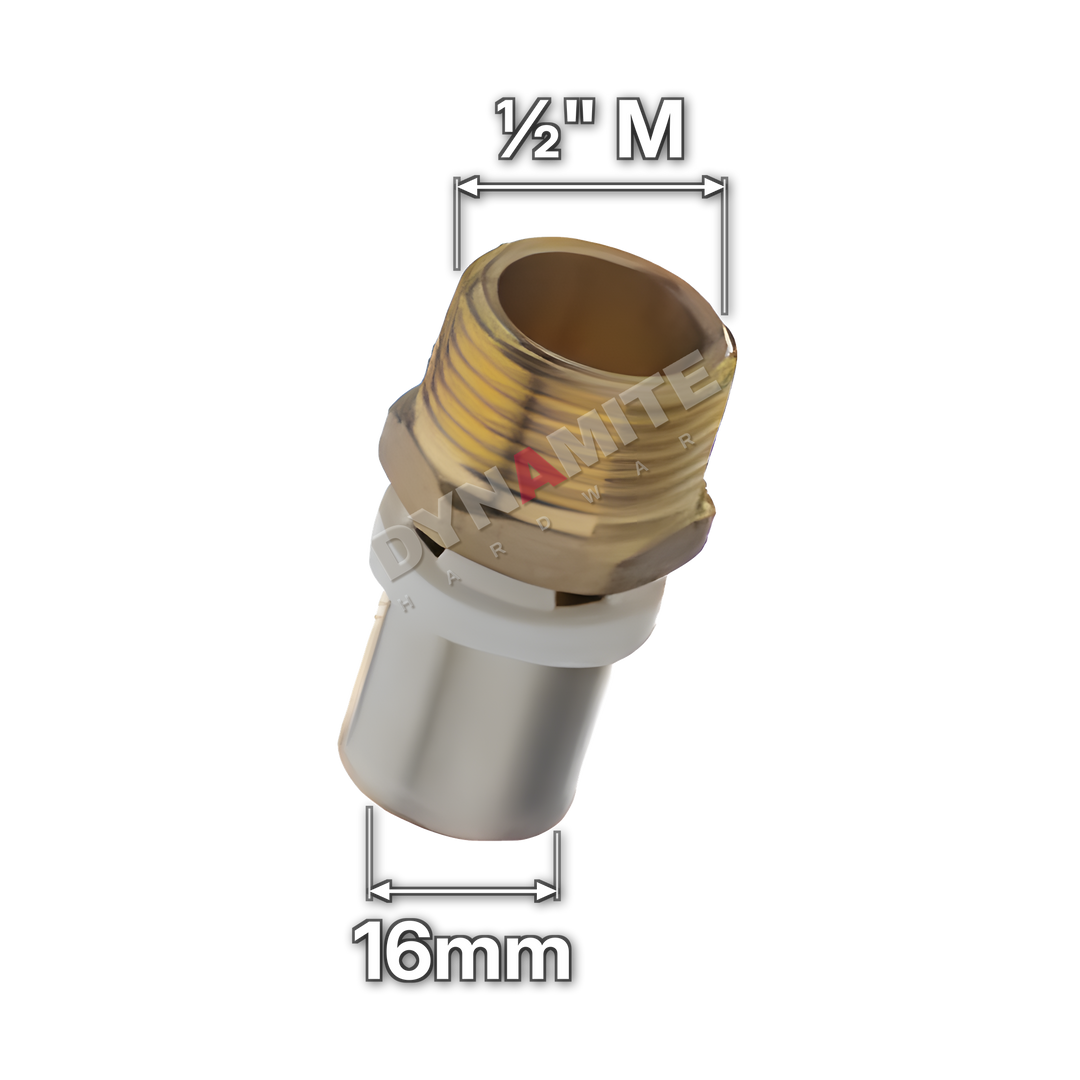 ½" Male x 16mm Multilayer Crimp Adaptor (code MF111216), size marked with white arrows: ½" male iron (BSP) thread x 16mm crimp