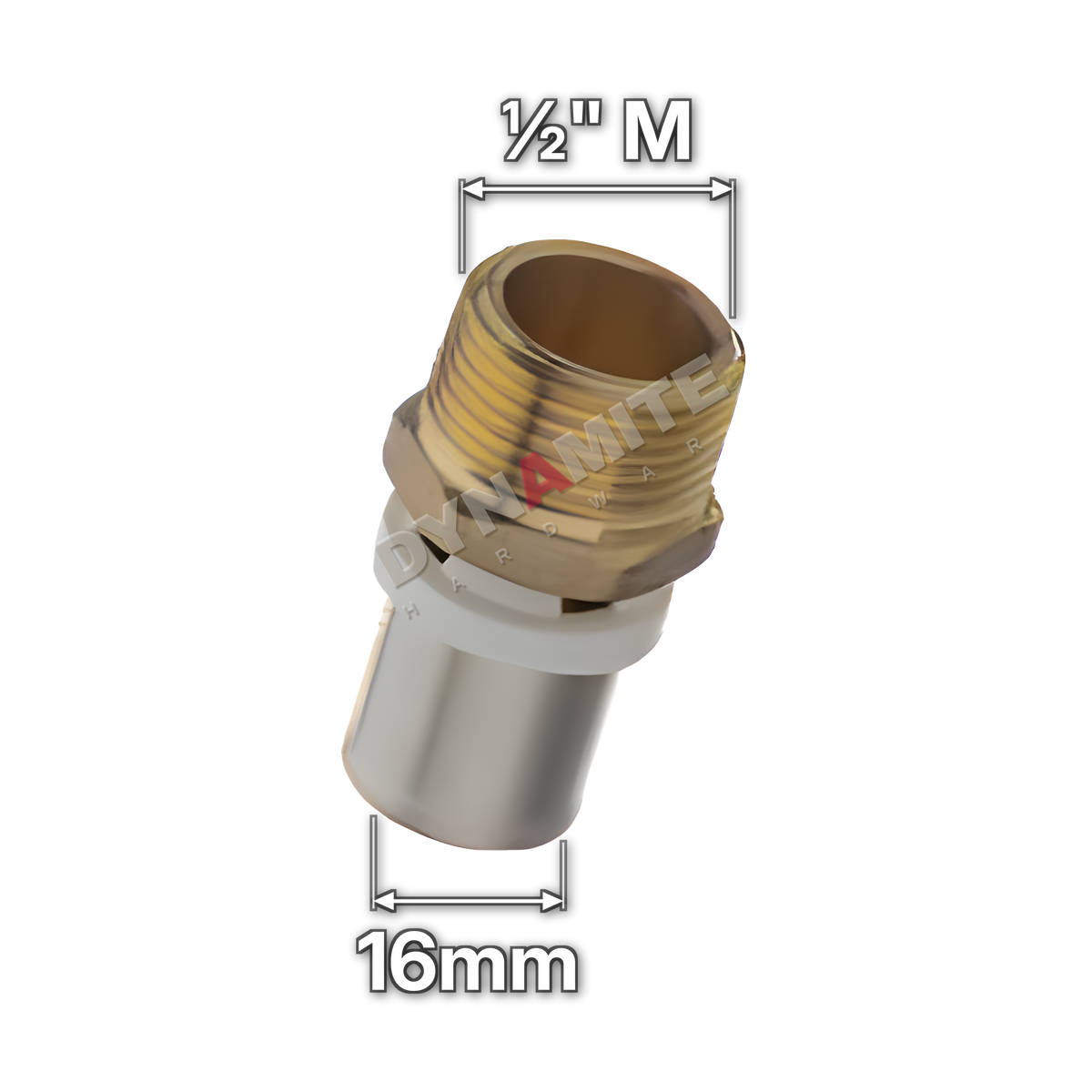 ½" Male x 16mm Multilayer Crimp Adaptor (code MF111216), size marked with white arrows: ½" male iron (BSP) thread x 16mm crimp