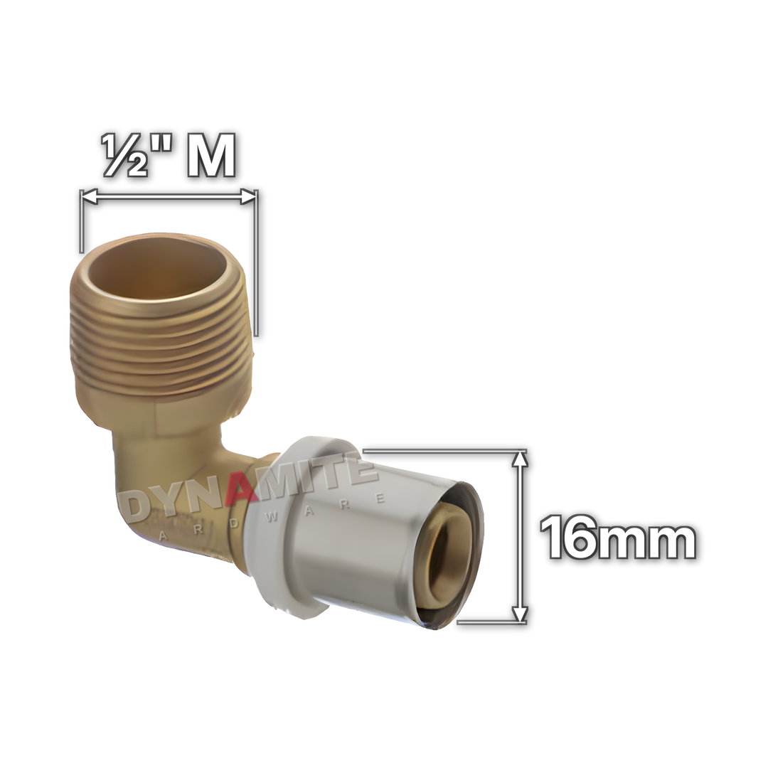 ½" Male x 16mm Multilayer Crimp Elbow (code MF161216), size marked with white arrows: ½" male iron (BSP) thread x 16mm crimp
