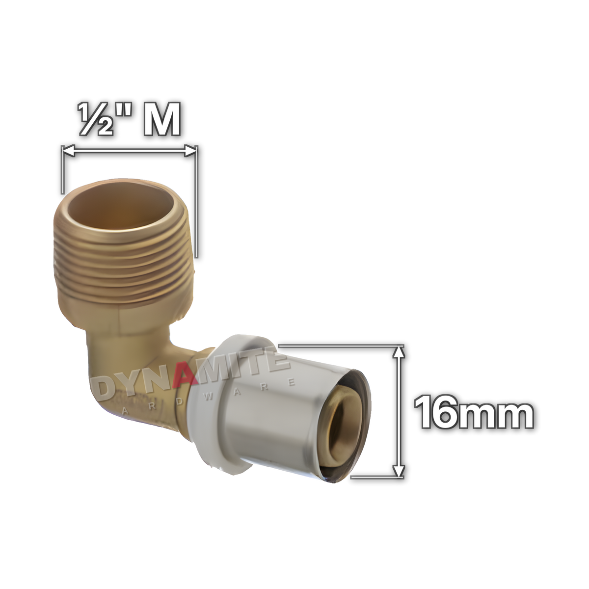 ½" Male x 16mm Multilayer Crimp Elbow (code MF161216), size marked with white arrows: ½" male iron (BSP) thread x 16mm crimp