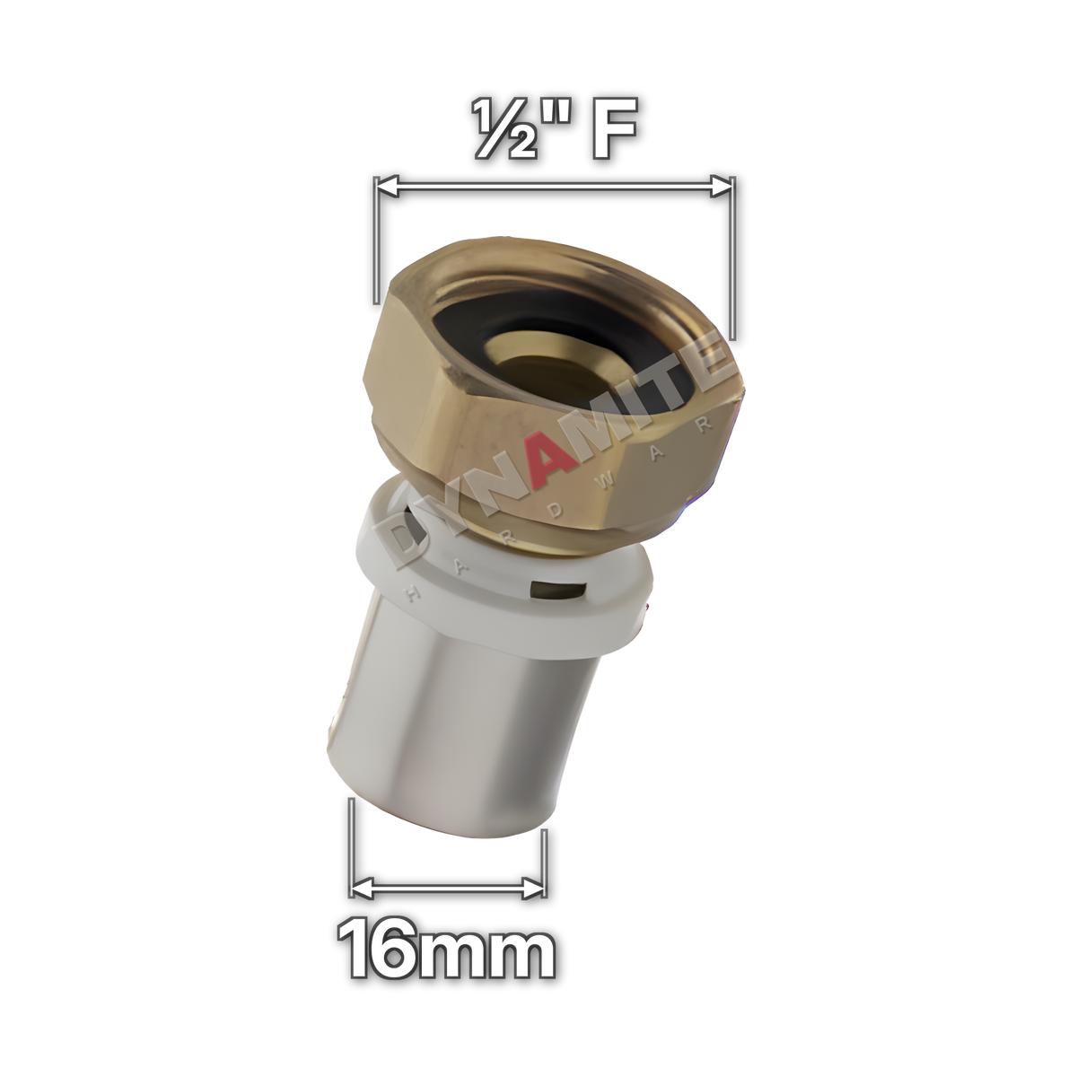 ½" Swivel Female x 16mm Multilayer Crimp Adaptor (code MF261216), size marked with white arrows: ½" female swivel nut (BSP thread) x 16mm crimp