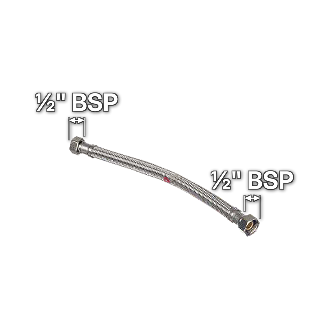 ½" x ½" Female BSP Flexible Hose, sizes marked with white arrows: ½" BSP and ½" BSP