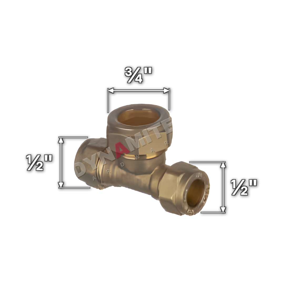 ½" x ½" x ¾" brass compression reducing tee (Excel 3181234), white arrows mark each connection: ½" compression, ½" compression, ¾" compression