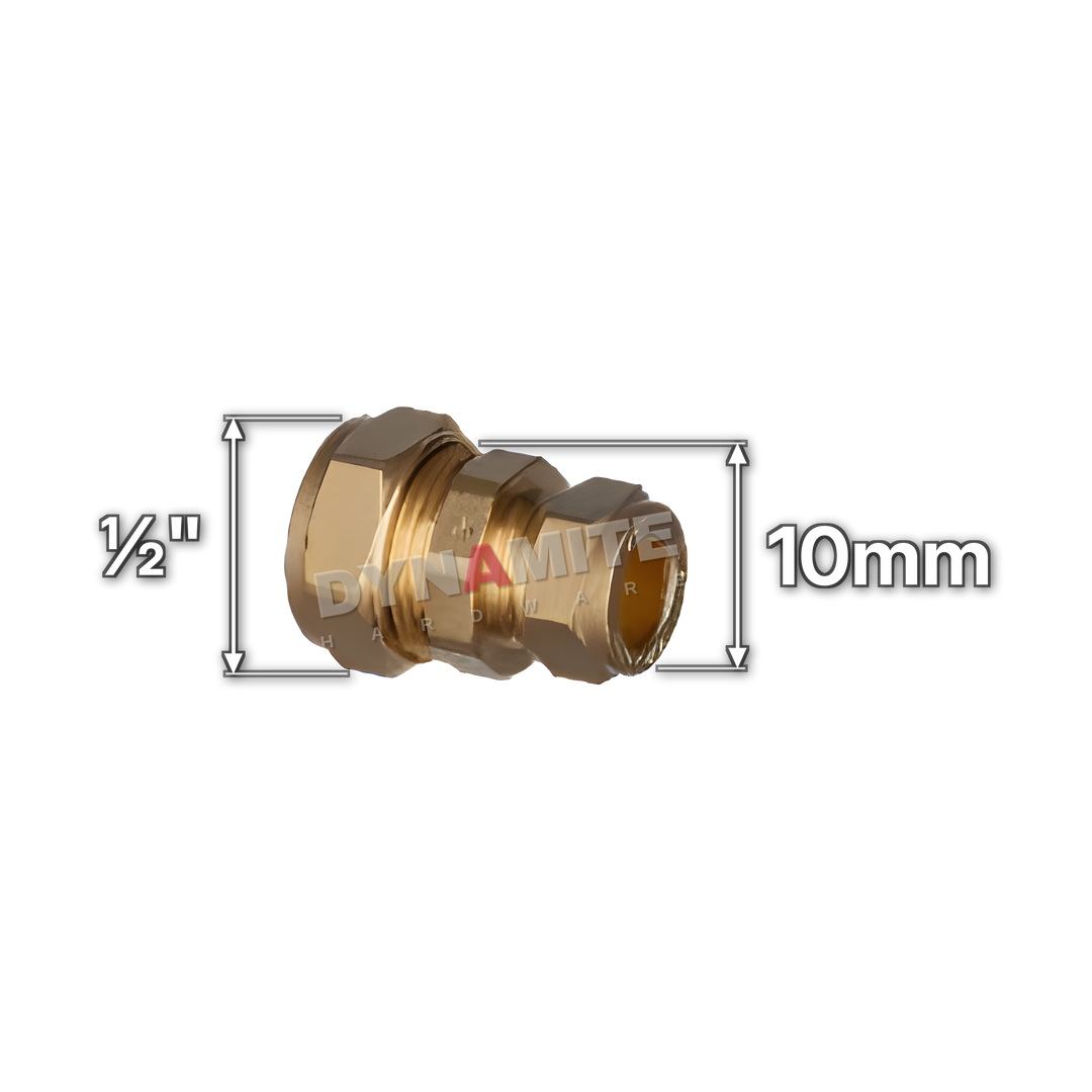 ½" x 10mm brass compression reducing coupling (Excel 121010), white arrows mark each connection: ½" compression, 10mm compression