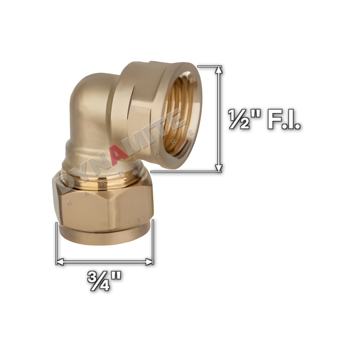 ½" x ¾" brass compression female iron elbow (Excel 3171234), white arrows mark each connection: ½" female iron (BSP), ¾" compression