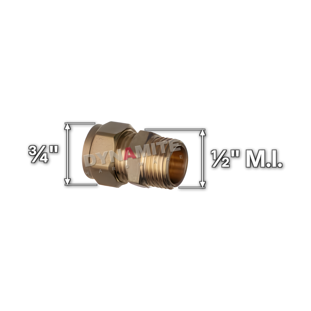 ½" x ¾" brass compression male iron coupling (Excel 3111234), white arrows mark each connection: ½" male iron (BSP), ¾" compression