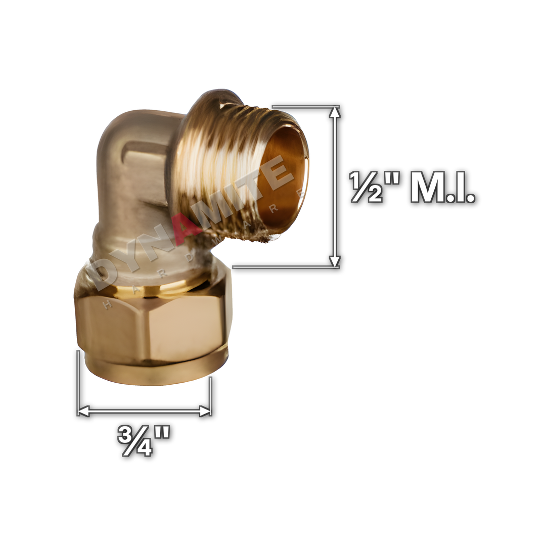 ½" x ¾" brass compression male iron elbow (Excel 3161234), white arrows mark each connection: ½" male iron (BSP), ¾" compression
