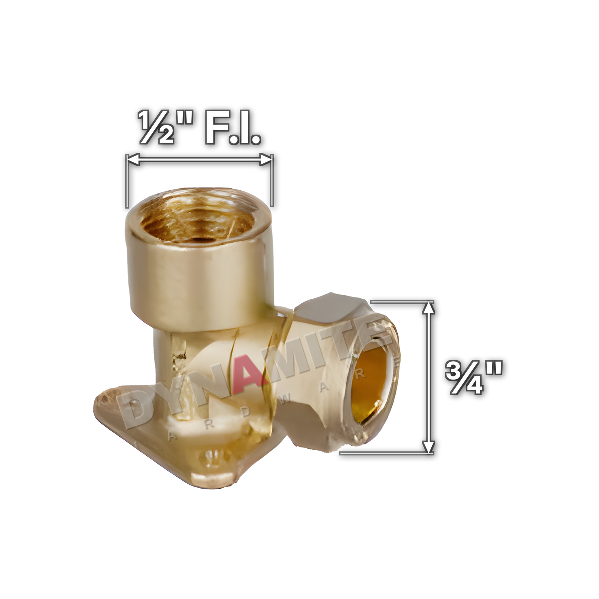 ½" x ¾" brass compression wall plate elbow (Excel 317W1234), white arrows mark each connection: ½" female iron (BSP), ¾" compression