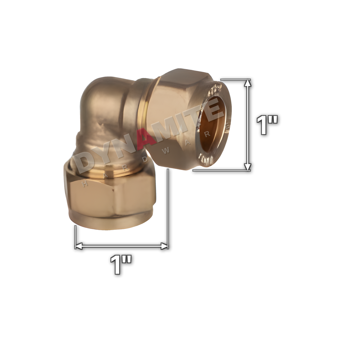 1" brass compression elbow (Excel 3151), white arrows mark each connection: 1" compression, 1" compression