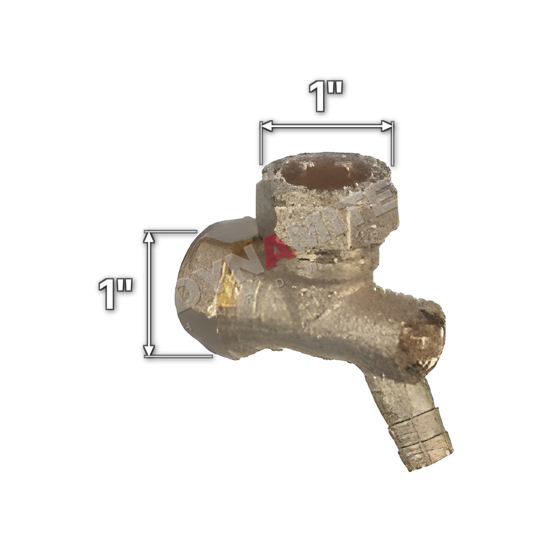 1" brass compression elbow with drain off (Excel 4711), white arrows mark each connection: 1" compression, 1" compression