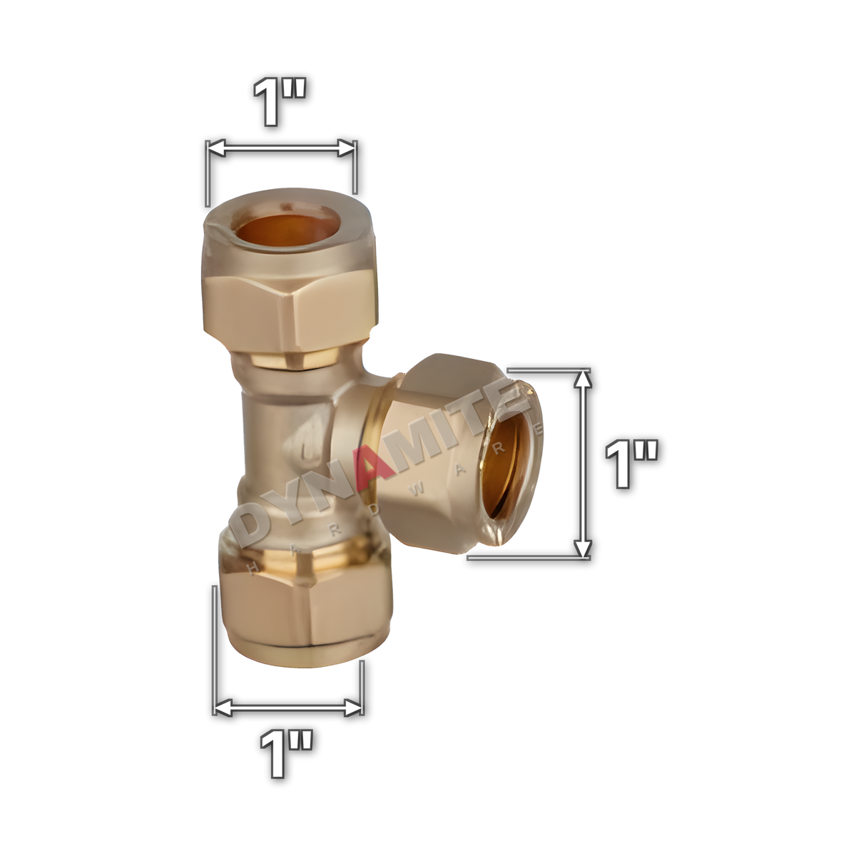 1" brass compression equal tee (Excel 3181), white arrows mark each connection: 1" compression, 1" compression, 1" compression