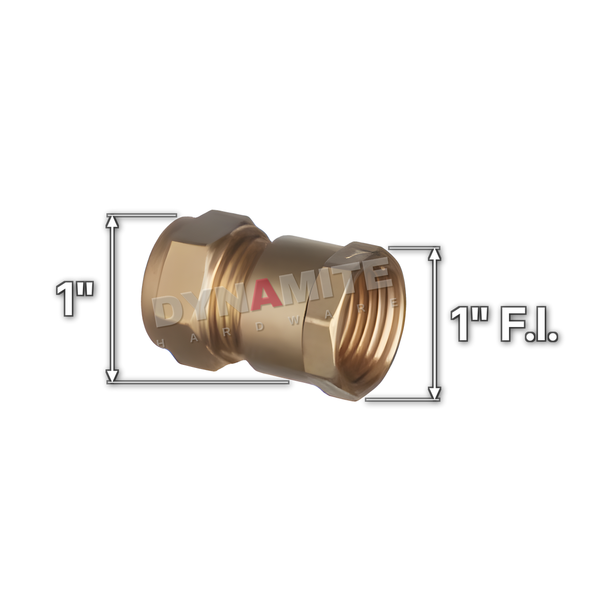 1" brass compression female iron coupling (Excel 3121), white arrows mark each connection: 1" female iron (BSP), 1" compression