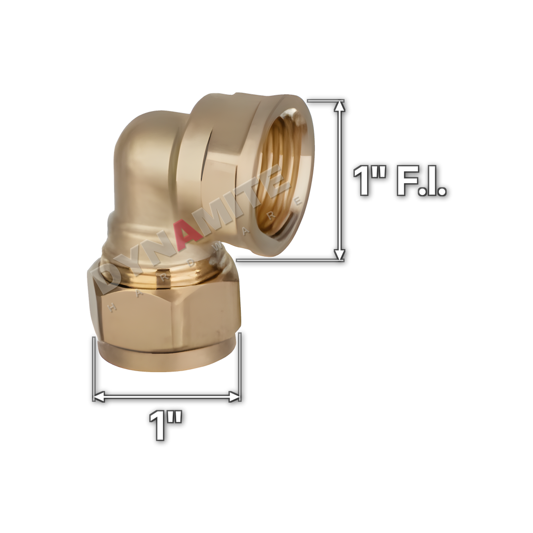 1" brass compression female iron elbow (Excel 3171), white arrows mark each connection: 1" female iron (BSP), 1" compression