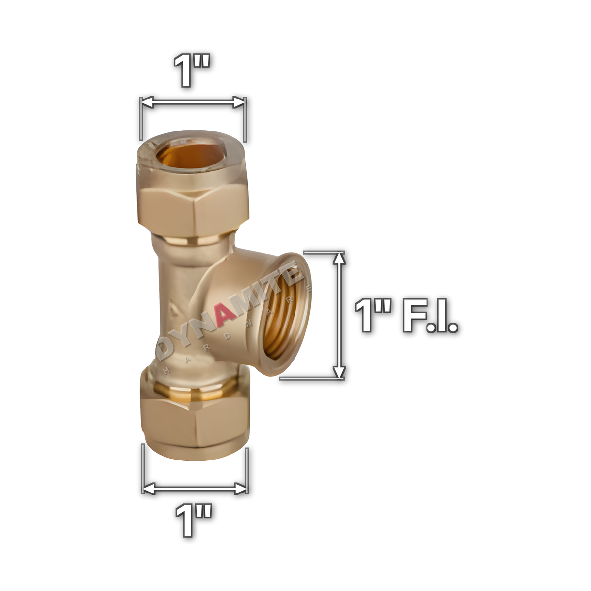 1" brass compression female iron tee (Excel 3301), white arrows mark each connection: 1" compression, 1" compression, 1" female iron (BSP)
