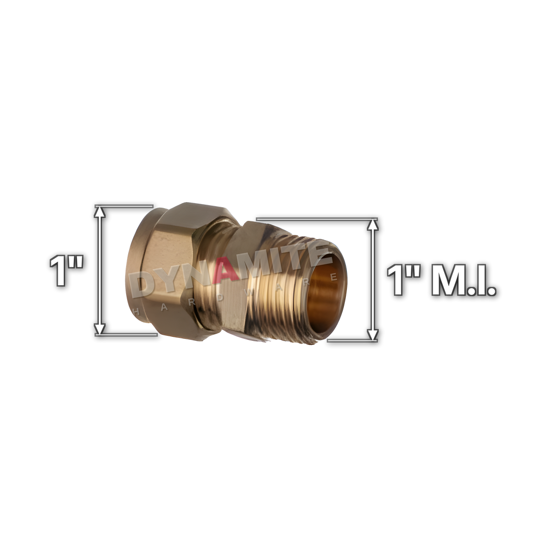 1" brass compression male iron coupling (Excel 3111), white arrows mark each connection: 1" male iron (BSP), 1" compression