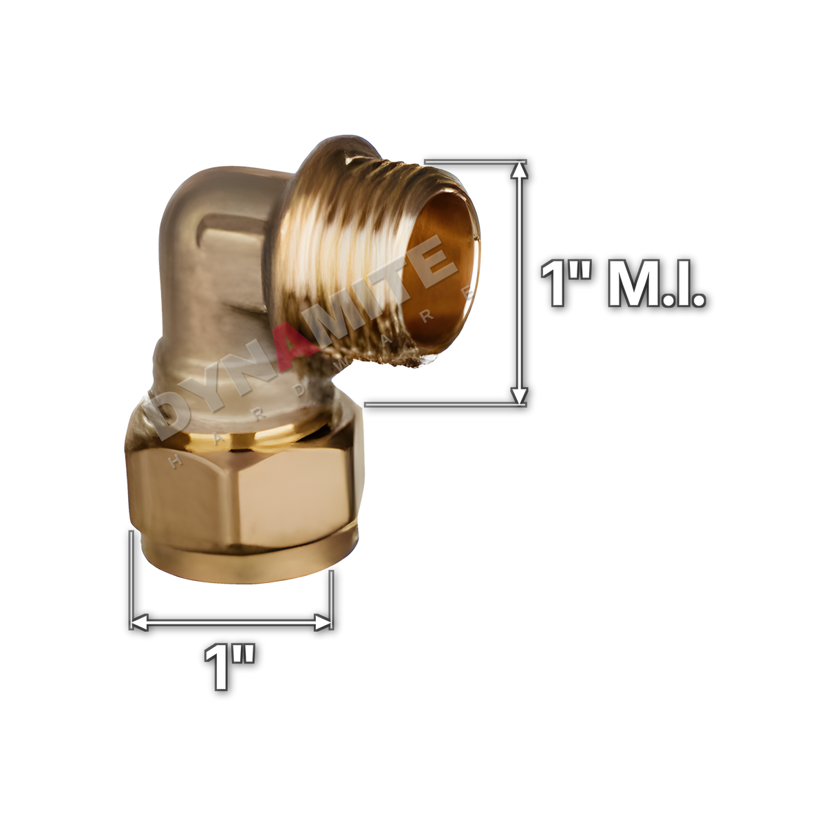 1" brass compression male iron elbow (Excel 3161), white arrows mark each connection: 1" male iron (BSP), 1" compression