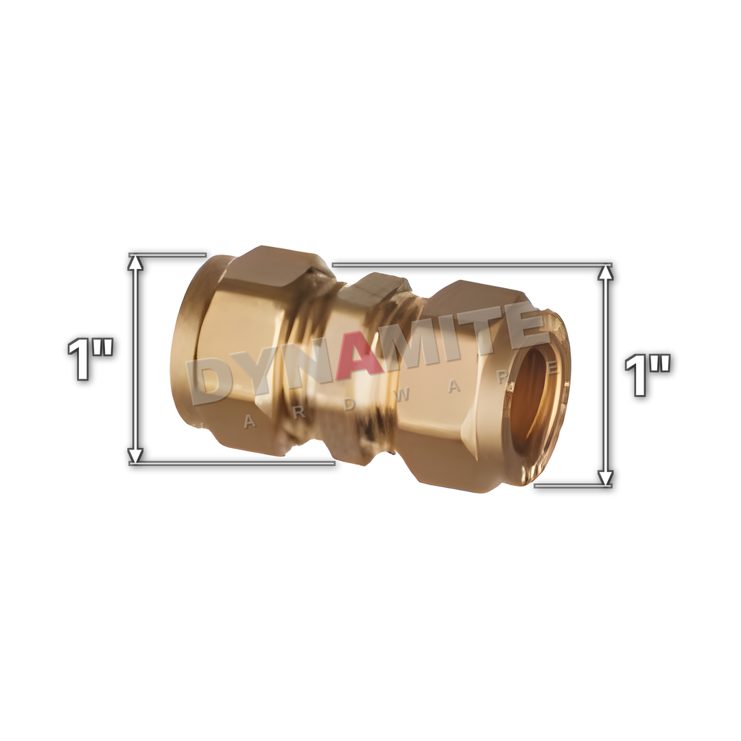 1" brass compression straight coupling (Excel 3101), white arrows mark each connection: 1" compression, 1" compression