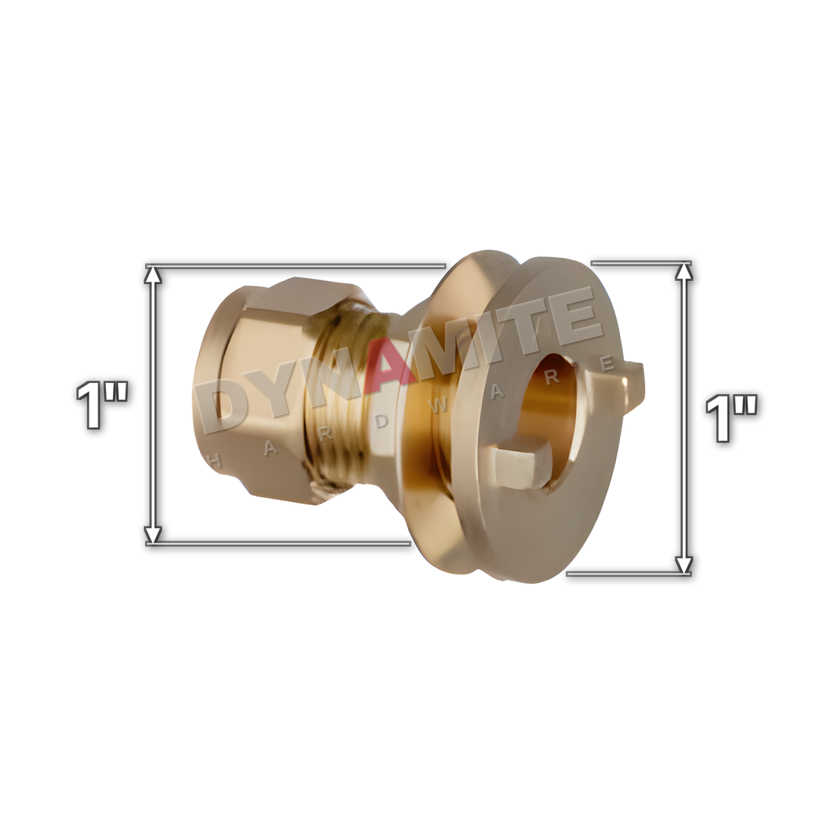 1" brass compression tank connector (Excel 3501), white arrows mark each connection: 1" compression, 1" male iron (tank connection)