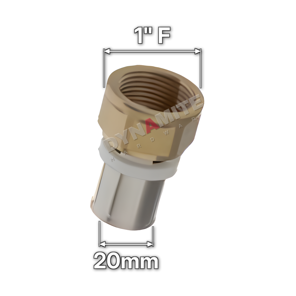 1" Female x 20mm Multilayer Crimp Adaptor (code MF12120), size marked with white arrows: 1" female iron (BSP) thread x 20mm crimp