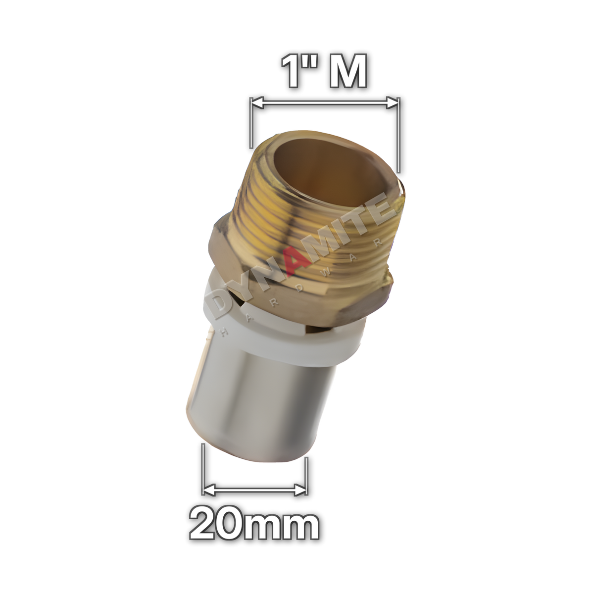 1" Male x 20mm Multilayer Crimp Adaptor (code MF11120), size marked with white arrows: 1" male iron (BSP) thread x 20mm crimp