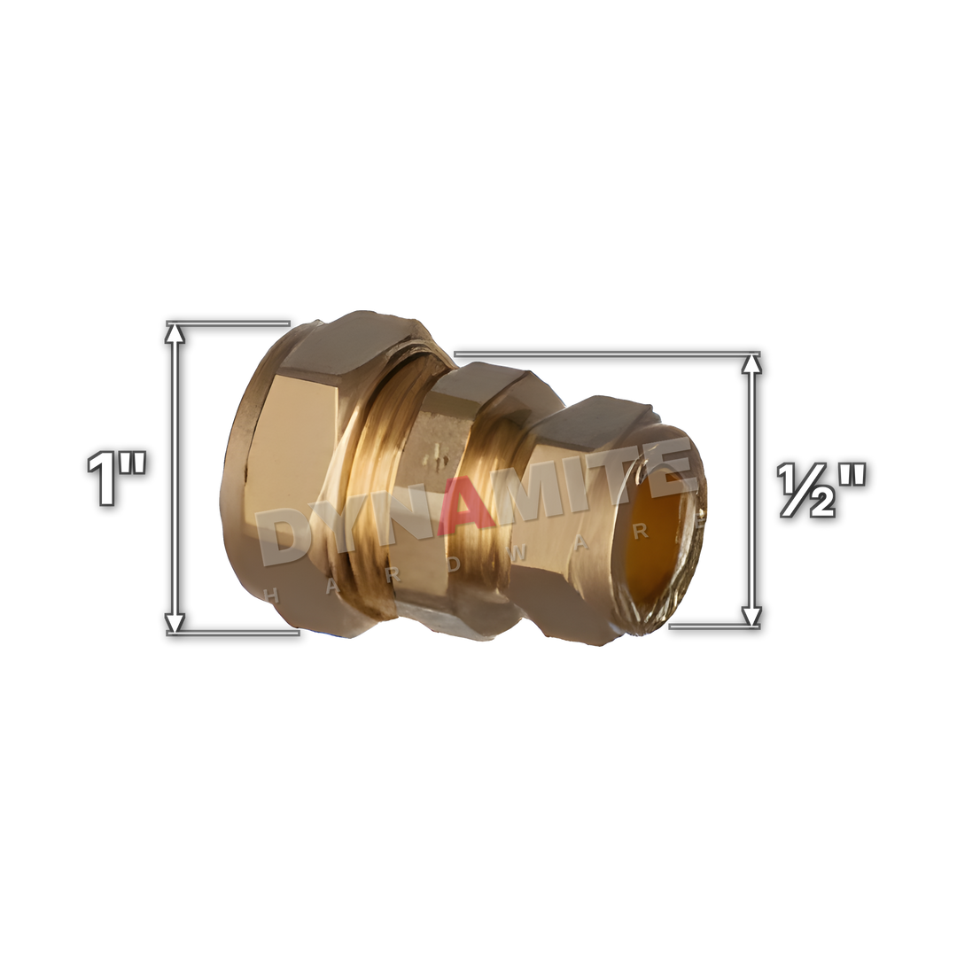 1" x ½" brass compression reducing coupling (Excel 3101X12), white arrows mark each connection: 1" compression, ½" compression