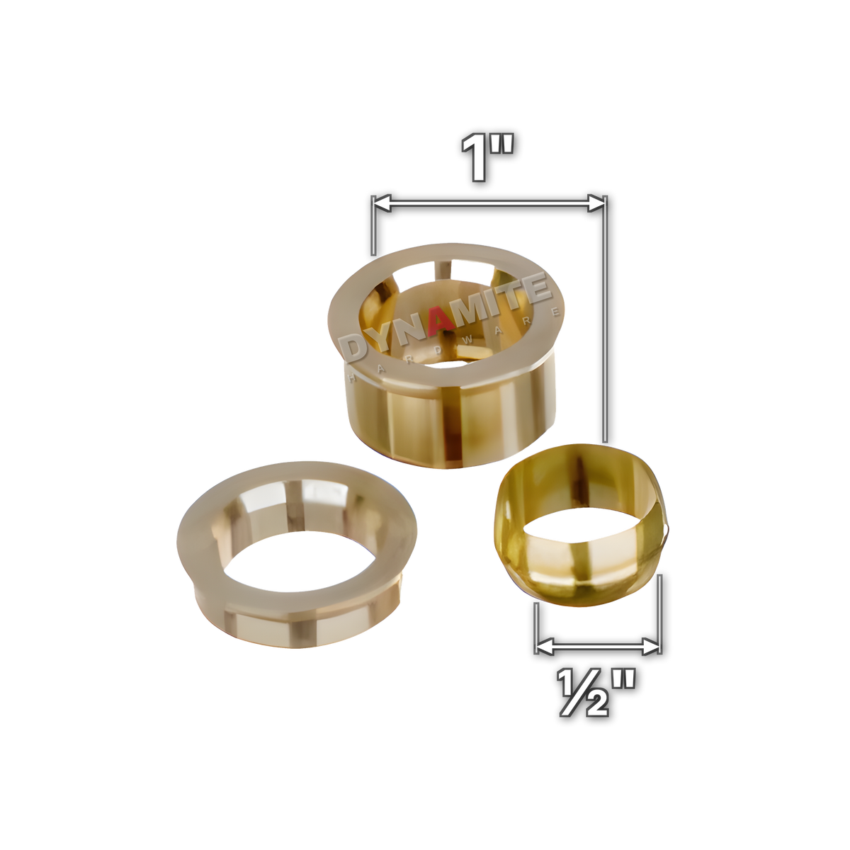1" x ½" brass compression reducing set (Excel 348112), fits 1" fitting, takes ½" pipe, sizes marked with white arrows