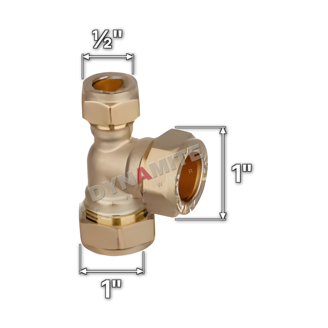 1" x ½" x 1" brass compression reducing tee (Excel 3181121), white arrows mark each connection: 1" compression, ½" compression, 1" compression