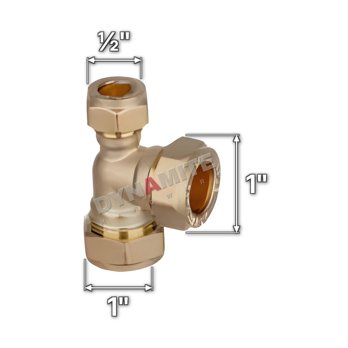 1" x ½" x 1" brass compression reducing tee (Excel 3181121), white arrows mark each connection: 1" compression, ½" compression, 1" compression