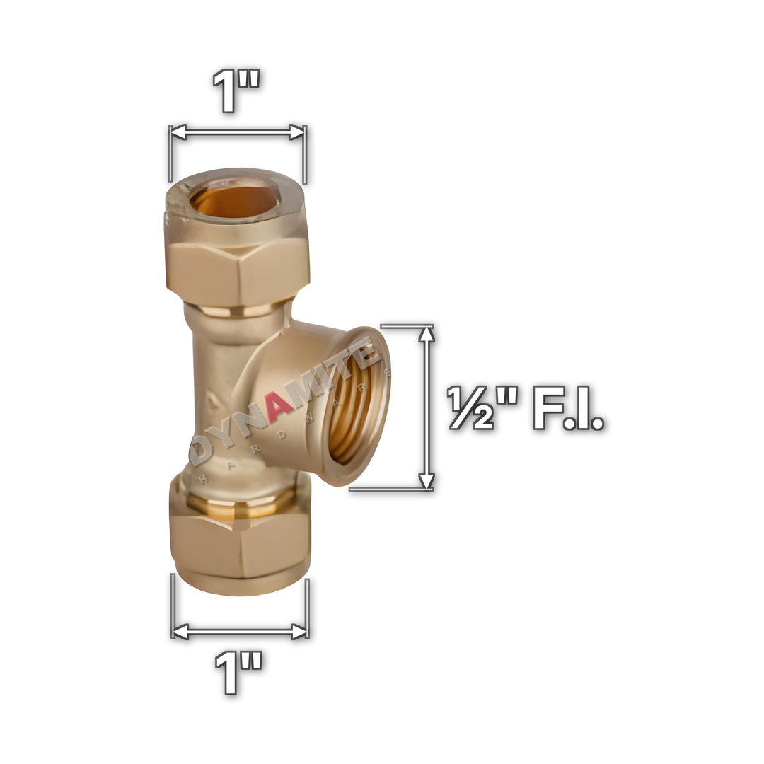 1" x 1" x ½" brass compression female iron tee (Excel 330112), white arrows mark each connection: 1" compression, 1" compression, ½" female iron (BSP)