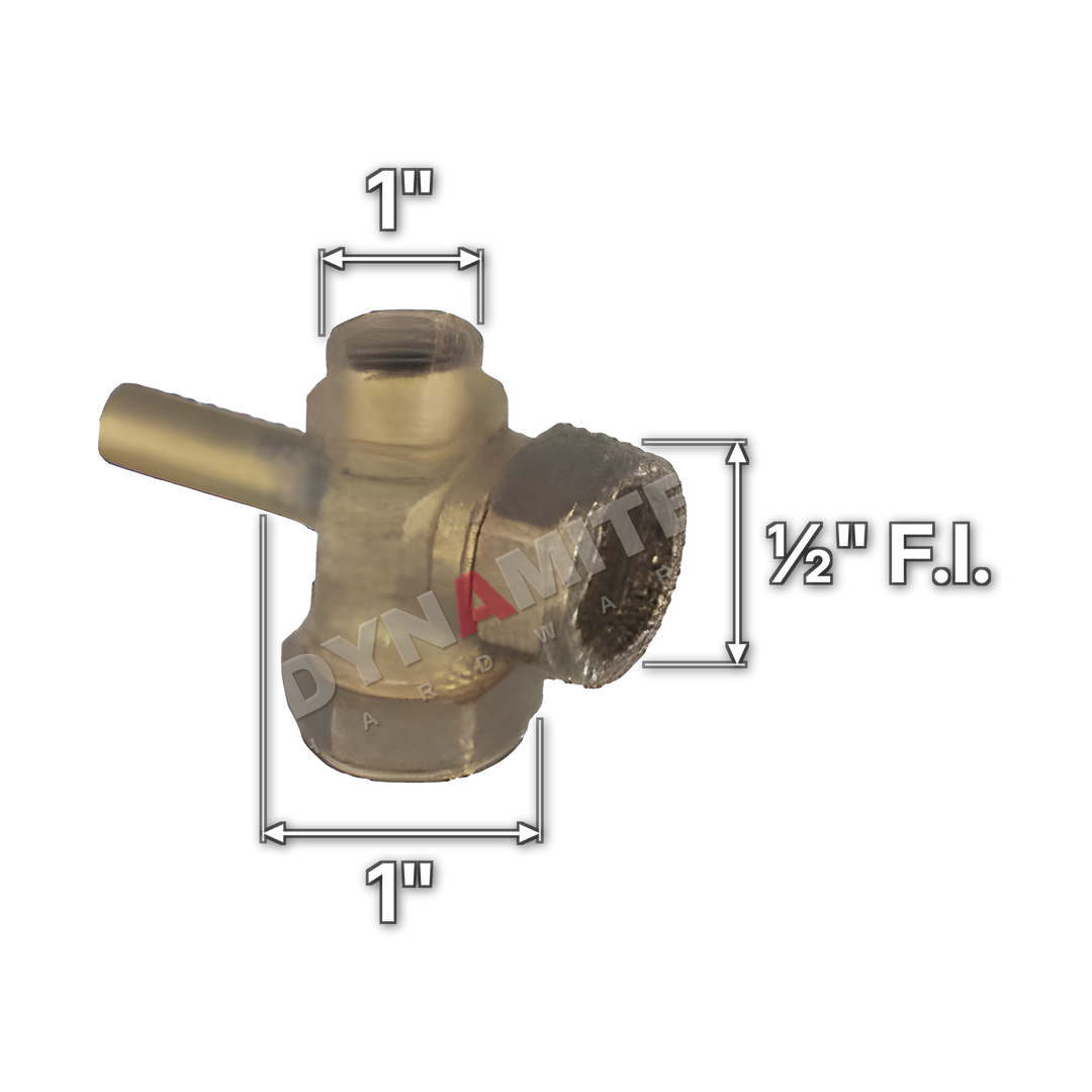 1" x 1" x ½" brass compression injector tee (Excel 5711), white arrows mark each connection: 1" compression, 1" compression, ½" female iron (BSP)