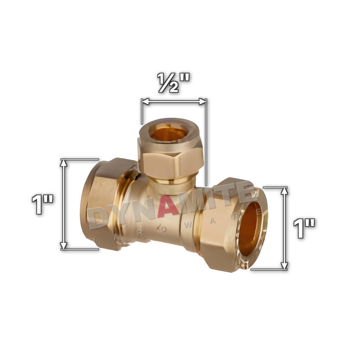 1" x 1" x ½" brass compression reducing tee (Excel 3181112), white arrows mark each connection: 1" compression, 1" compression, ½" compression