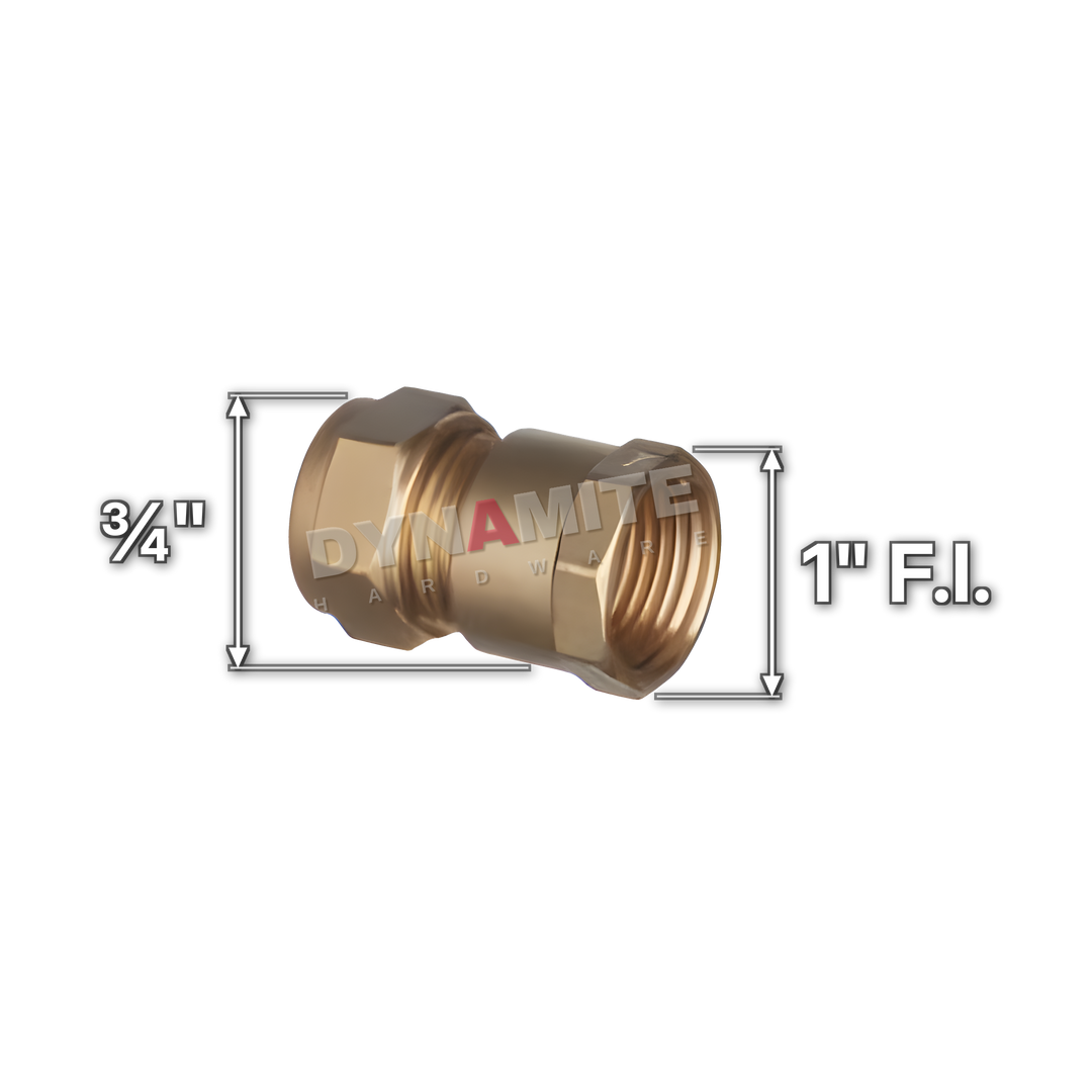 1" x ¾" brass compression female iron coupling (Excel 312134), white arrows mark each connection: 1" female iron (BSP), ¾" compression