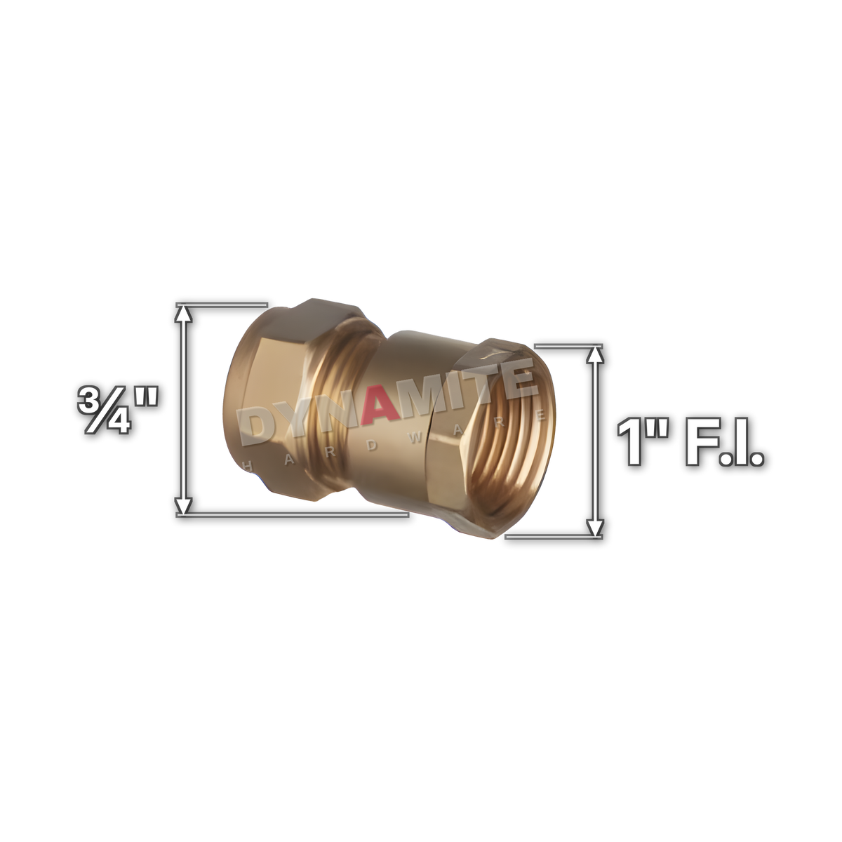 1" x ¾" brass compression female iron coupling (Excel 312134), white arrows mark each connection: 1" female iron (BSP), ¾" compression