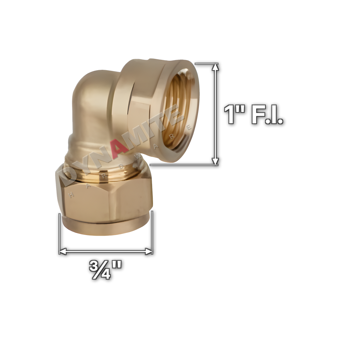 1" x ¾" brass compression female iron elbow (Excel 317134), white arrows mark each connection: 1" female iron (BSP), ¾" compression