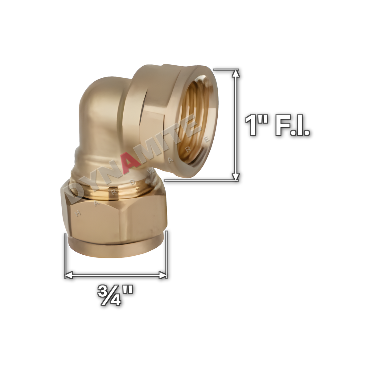 1" x ¾" brass compression female iron elbow (Excel 317134), white arrows mark each connection: 1" female iron (BSP), ¾" compression