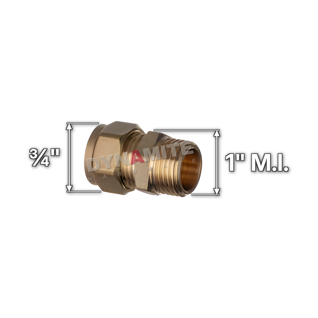 1" x ¾" brass compression male iron coupling (Excel 311134), white arrows mark each connection: 1" male iron (BSP), ¾" compression